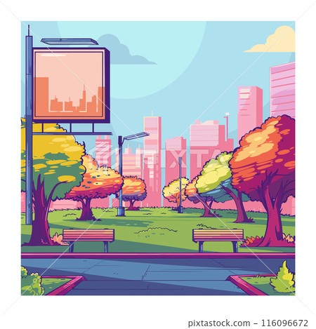 Public park featuring colorful autumn trees, green grass, benches. Urban skyline tall buildings appears background under bright, clear blue sky. Illuminated billboard displaying cityscape. Urban Public park featuring colorful autumn trees, green grass, benches. Urban skyline tall buildings appears background under bright, clear blue sky. Illuminated billboard displaying cityscape. Urban 116096672
