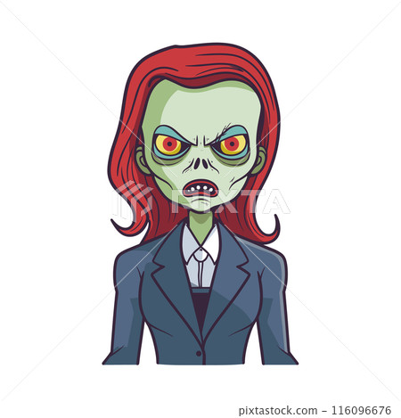 Zombie woman serious face dressed business suit cartoon. Red hair, green skin, glowing eyes shocking angry expression. Tap comic book style vector illustration isolated white background. Zombie Zombie woman serious face dressed business suit cartoon. Red hair, green skin, glowing eyes shocking angry expression. Tap comic book style vector illustration isolated white background. Zombie 116096676
