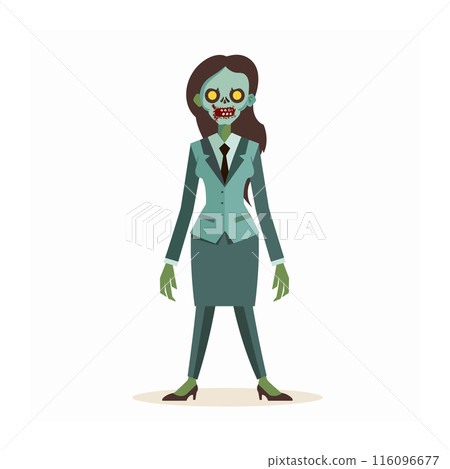 Zombie woman wearing business attire standing isolated white background vector illustration. Greenskinned female zombie formal office suit staring straight wearing high heels. Cartoon undead 116096677