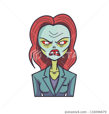Zombie businesswoman red hair green skin, wearing teal suit, appears angry, isolated white background. Cartoon undead female, professional attire, undead office worker. Illustration spooky character Zombie businesswoman red hair green skin, wearing teal suit, appears angry, isolated white background. Cartoon undead female, professional attire, undead office worker. Illustration spooky character 116096679