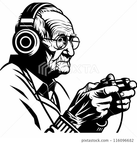 一位老人拿著遊戲控制器玩遊戲的插圖 116096682