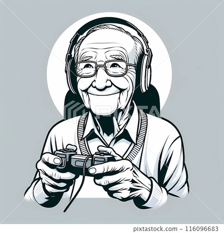一位老人拿著遊戲控制器玩遊戲的插圖 一位老人拿著遊戲控制器玩遊戲的插圖 116096683