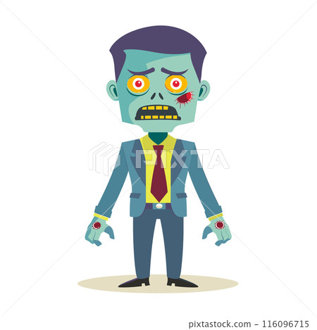 Colorful cartoonish zombie, business suit, isolated white background. Human zombie character, blue skin, yellow eyes, red spots, undead employee. Creepy vector, Halloween, fun animated style, beady 116096715