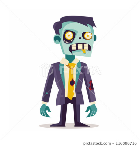 cartoon zombie businessman green skin, yellow eyes, tattered suit, startled expression stands. Comic zombie character wearing suit tie, ripped clothing, isolated white background. Halloween costume 116096716
