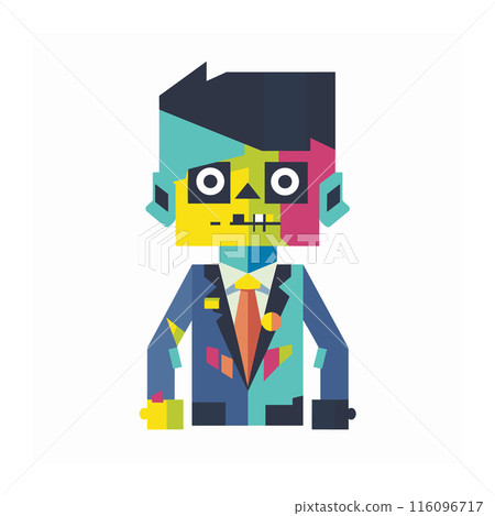 Colorful geometric zombie character dressed business suit, orange tie. Bright colorful design cartoon style, isolated white background. Abstract quirky undead digital artwork, vector illustration 116096717