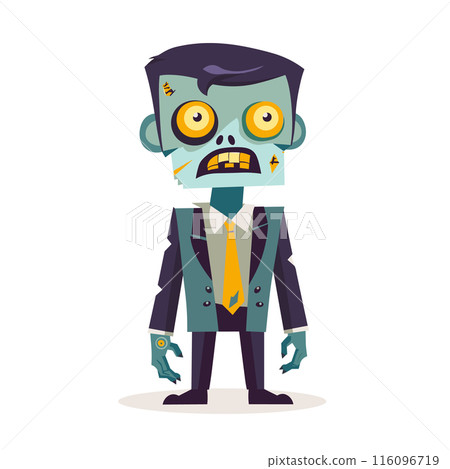 Business zombie man cartoon blue suit key yellow tie big eyes animated character scary look isolated background. Corporate zombie tired office worker suit tie blank stare isolated Business zombie man cartoon blue suit key yellow tie big eyes animated character scary look isolated background. Corporate zombie tired office worker suit tie blank stare isolated 116096719