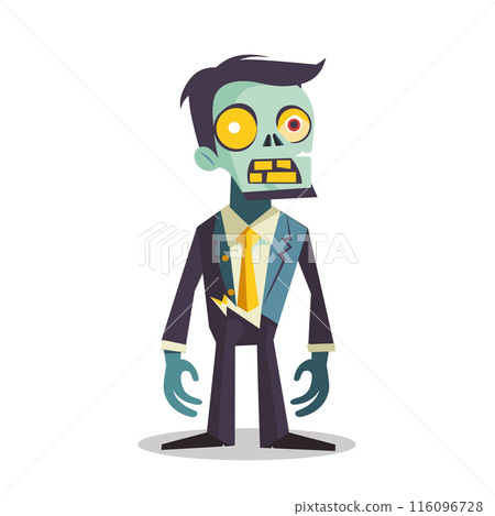 Animated cartoon zombie character dressed businessman wearing suit tie. Male undead figure, grey skin, large bulging eyes, gaping jaw. Isolated white background, cartoon art style, flat vector image Animated cartoon zombie character dressed businessman wearing suit tie. Male undead figure, grey skin, large bulging eyes, gaping jaw. Isolated white background, cartoon art style, flat vector image 116096728