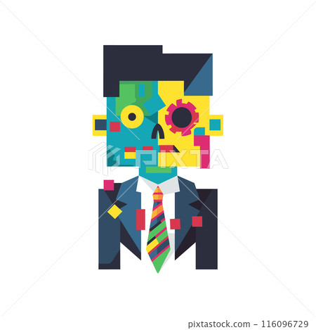 Colorful geometric zombie businessman abstraction, surreal mix corporate work attire, horror. Bright neon colors highlighting distorted facial features, wearing dark suit, multicolor tie. Creative 116096729