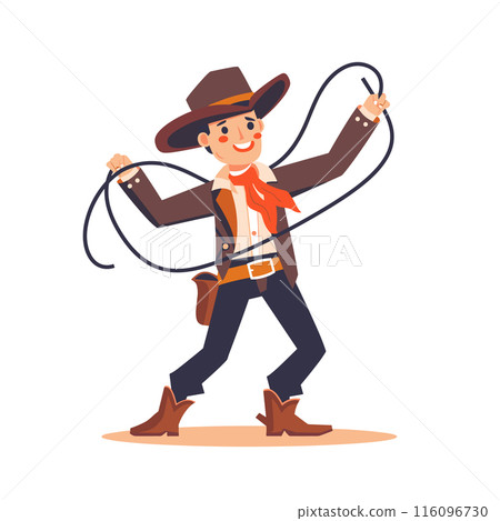 Animated cowboy spinning lasso brown hat red scarf white shirt isolated white background. Western adventure theme illustration male character happy boots stylish western clothing. Young man Animated cowboy spinning lasso brown hat red scarf white shirt isolated white background. Western adventure theme illustration male character happy boots stylish western clothing. Young man 116096730