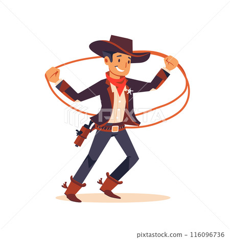 cartoon cowboy western attire brown hat, red bandana, brown boots, black pants swinging lasso. Male sheriff star badge gun holster, smiling confidently while performing lasso tricks. Vector 116096736