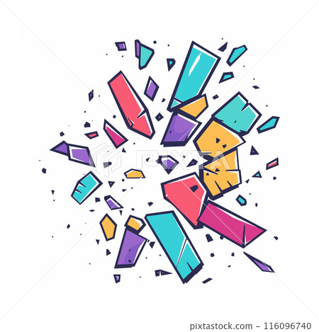 Colorful shattered glass pieces explosion isolated white background. Geometric fragments bursting into smaller shards, abstract art cartoon graphic style. Multiple triangular rectangular shapes 116096740