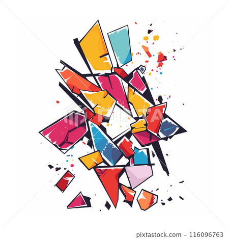 Abstract geometric artwork features vibrant colored shards against isolated white background. Bright shapes explosion comprises red, yellow, blue, pink, orange fragments scattered dynamically 116096763