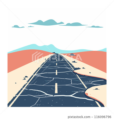Winding cracked road stretching through barren desert blue mountains background isolated white sky cartoon illustration. Asphalt highway severely damaged earthquake natural disaster desolate scene Winding cracked road stretching through barren desert blue mountains background isolated white sky cartoon illustration. Asphalt highway severely damaged earthquake natural disaster desolate scene 116096796