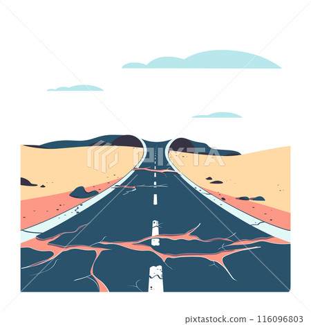 deserted desert road riddled large cracks potholes, extending towards hills aerial view vector illustration, calming blue sky spotted clouds, cracked road stretch cutting through barren landscape 116096803