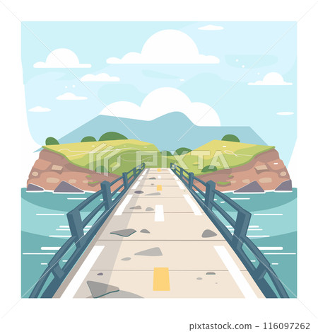 Scenic illustration depicting bridge over blue water leading towards grassy hilly island. Broken bridge falling debris rocky ocean waves below creates sense adventure peril. Clear skies white clouds Scenic illustration depicting bridge over blue water leading towards grassy hilly island. Broken bridge falling debris rocky ocean waves below creates sense adventure peril. Clear skies white clouds 116097262