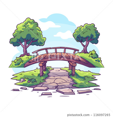 Rustic wooden bridge spans cracked stone path, lush greenery surrounds, trees full foliage, clear sky background, nature serene environment. Vector illustration, landscape scene, outdoor park Rustic wooden bridge spans cracked stone path, lush greenery surrounds, trees full foliage, clear sky background, nature serene environment. Vector illustration, landscape scene, outdoor park 116097265
