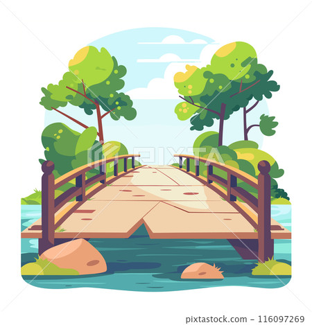 Cartoon wooden bridge crosses peaceful river amid vibrant green trees, under partly cloudy sky. Tranquil scenic nature landscape ideal park, garden setting leisure walk. Smooth flowing water Cartoon wooden bridge crosses peaceful river amid vibrant green trees, under partly cloudy sky. Tranquil scenic nature landscape ideal park, garden setting leisure walk. Smooth flowing water 116097269