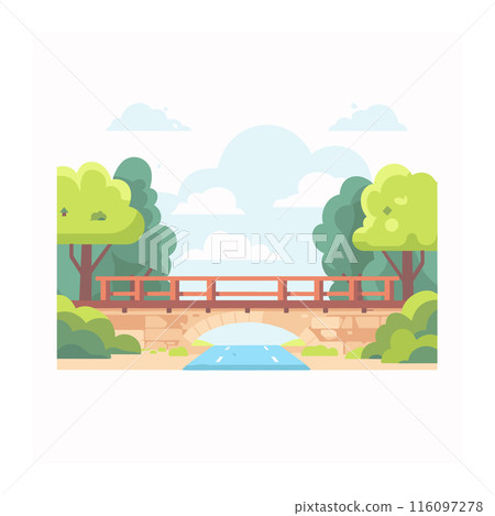 Road bridge built bricks crossing river blue sky green trees nature scene cartoon art vector illustration rural scene isolated white background. Detailed sunny countryside architecture calm Road bridge built bricks crossing river blue sky green trees nature scene cartoon art vector illustration rural scene isolated white background. Detailed sunny countryside architecture calm 116097278
