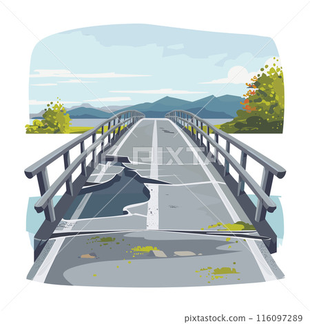 Damaged bridge surrounded mountains trees. Illustration features cracked road bridge. Scenic rural landscape during daytime Damaged bridge surrounded mountains trees. Illustration features cracked road bridge. Scenic rural landscape during daytime 116097289