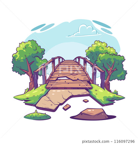 Wooden bridge path looks worn aged deteriorated empty peaceful scenic nature. Trees surround broken bridge wood missing planks connects two sides blue sky clouds overhead. Illustration emphasizing 116097296
