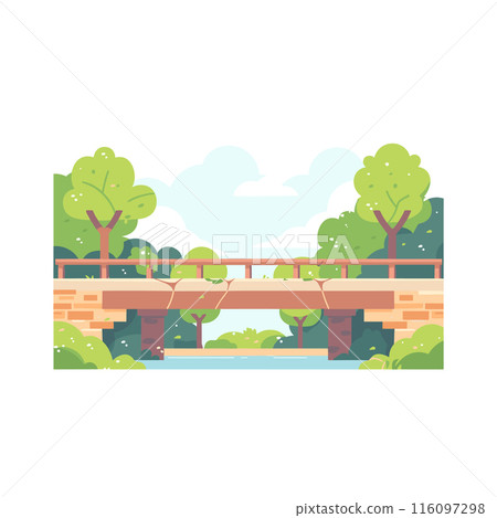 Road bridge built bricks crossing river blue sky green trees nature scene cartoon art vector illustration rural scene isolated white background. Detailed sunny countryside architecture calm 116097298