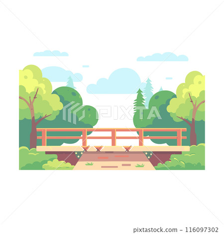 Scenic park bridge surrounded lush, green trees bushes, clear blue sky clouds, tranquil outdoor scene, peaceful natural environment, inviting walking path leading wooden bridge, ideal landscape 116097302
