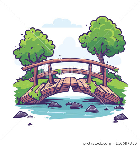 Dilapidated wooden bridge crossing serene stream tall trees surrounding, lush greenery blue sky. Cartoonstyle rickety bridge straddling gentle river lush landscape rolling hills. Rustic wooden 116097319