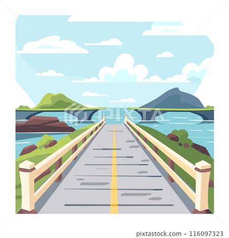 Scenario 1 Empty bridge spanning calm blue river picturesque landscape digital art. Green hills flat design connect modern bridge water isolated white background. Cityscape tranquil view bright sky 116097323