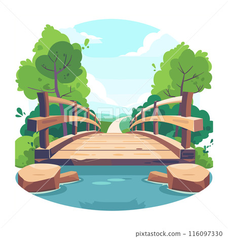 wooden bridge stretches over clear blue stream flanked large rocks set lush, green forest, sky above bright blue scattered clouds, dirt pathway meanders into distance. Vivid colors flat 116097330