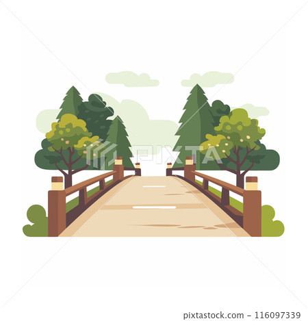 Wooden bridge over river, surrounded green trees, isolated white background. Wooden railing along scenic pathway, evergreen pine trees, minimalistic natural landscape. Artistic park scenery, digital 116097339