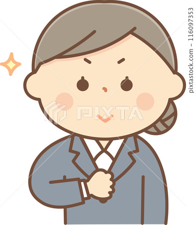 A woman in a suit puffing out her chest A woman in a suit puffing out her chest 116097353