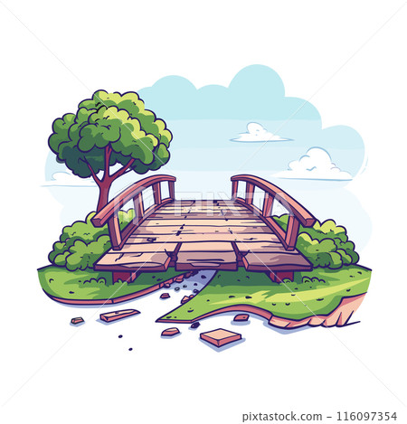 Wooden footbridge over small stream, surrounded lush greenery, tree. Bridge missing planks, broken one side, hazardous. Bright day, fluffy clouds, blue sky, grassy knoll. Rustic wooden bridge over 116097354