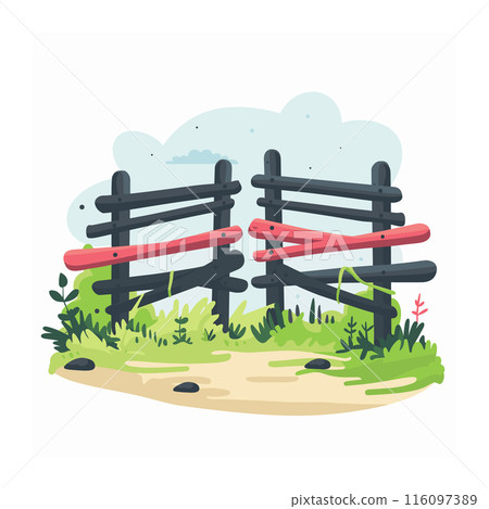 Rustic wooden fence vector illustration blending nature, ideal farm countryside settings, red highlights. Charming scene perfect storytelling childrens literature, displays peaceful outdoor Rustic wooden fence vector illustration blending nature, ideal farm countryside settings, red highlights. Charming scene perfect storytelling childrens literature, displays peaceful outdoor 116097389