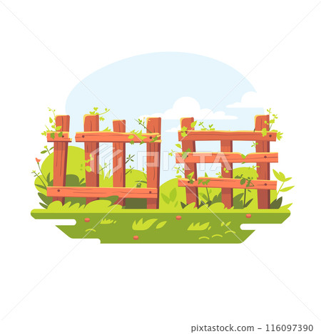 Wooden garden fence surrounded greenery flowers, set against clear sky. Rustic wooden fence design featuring foliage, outdoor scene. Cartoonstyle illustration, vibrant colors, nature backdrop 116097390