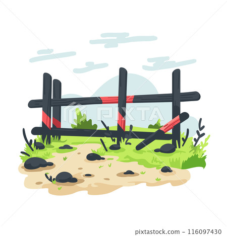 Rural broken fence vector illustration, dilapidated wooden barrier cartoon style, countryside damaged enclosure graphic. Countryside landscape element, farm perimeter security barrier cartoon Rural broken fence vector illustration, dilapidated wooden barrier cartoon style, countryside damaged enclosure graphic. Countryside landscape element, farm perimeter security barrier cartoon 116097430