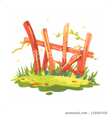 Broken wooden fence lying green grass. Destroyed red fence amid lush foliage cartoon style. Dilapidated parts scattered vibrant grassland 116097438
