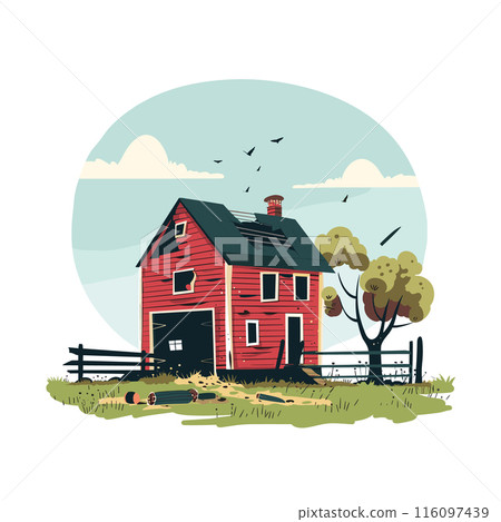 Red barn countryside farm, serene rural landscape illustration. Pastoral scenery farmland, trees, fence, blue sky, clouds cartoon style. Tranquil farmstead field, homestead agricultural theme 116097439