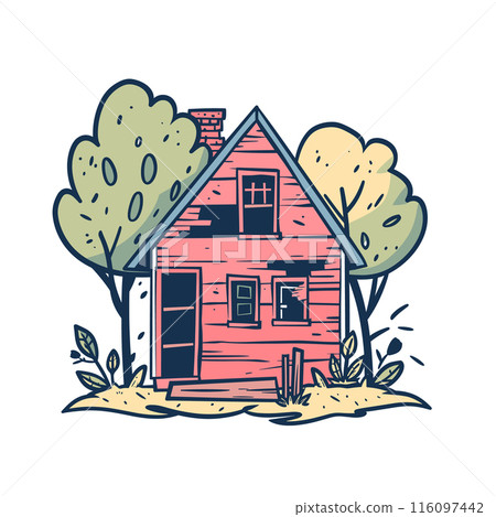 Quaint coral pink house nestled among trees, handdrawn style. Cozy cottage trees, feels rural fairytale setting. Cartoonish pink home nature, inviting warm 116097442