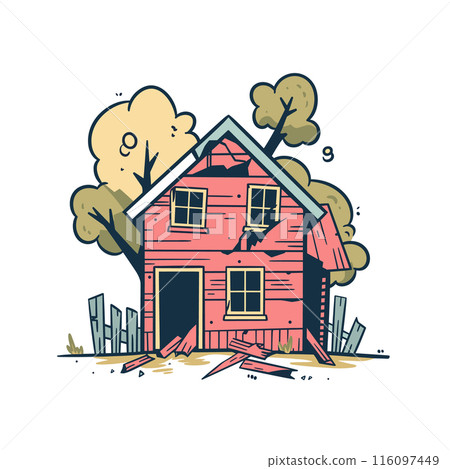 Dilapidated red barn cartoon, damaged rural building illustration. Cartoon style trees surround collapsing farm structure, red planks scattered. Weathered pink barn, broken roof windows, leaning 116097449