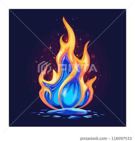 Vibrant blue orange flames vector illustration, fiery design sparks, intense fire graphics. Cartoon style fire, artistic representation flames, bright colors used depict heat energy. Dynamic flame Vibrant blue orange flames vector illustration, fiery design sparks, intense fire graphics. Cartoon style fire, artistic representation flames, bright colors used depict heat energy. Dynamic flame 116097533