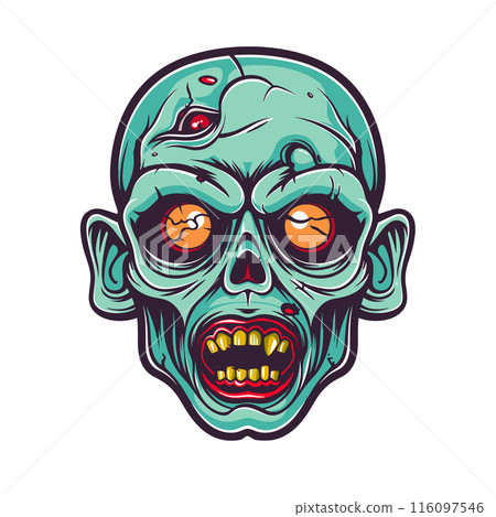 Zombie head vector illustration vivid colors. Greenskinned zombie face glaring eyes scary expression. Cartoon horror undead creature teeth exposed menacing zombie 116097546