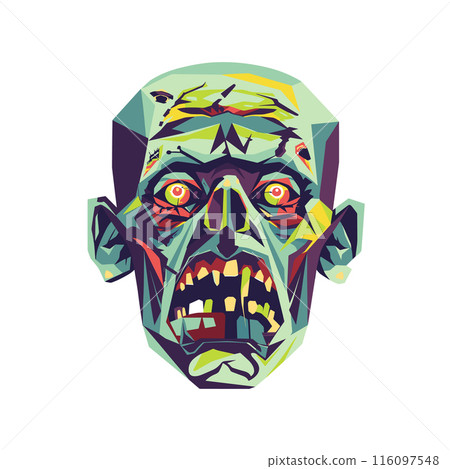 Zombie face colorful geometric design, menacing red eyes mouth open roar. Illustration has green tones sharp angles highly stylized. Zombie head features intense expression, isolated white 116097548