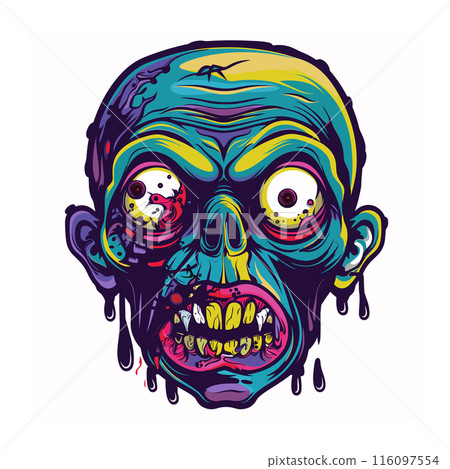 Colorful zombie head illustration dripping vibrant hues. Zombie face design popping eyes melting features suitable Halloween. Funky undead graphic cartoonish skull eye socket popping Colorful zombie head illustration dripping vibrant hues. Zombie face design popping eyes melting features suitable Halloween. Funky undead graphic cartoonish skull eye socket popping 116097554