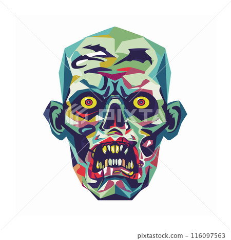 Geometric zombie head illustration showing colorful undead features, frightening expression. Multicolored abstract zombie portrait, horror theme, detailed facial features, yellow eyes, snarling Geometric zombie head illustration showing colorful undead features, frightening expression. Multicolored abstract zombie portrait, horror theme, detailed facial features, yellow eyes, snarling 116097563