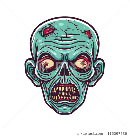 Zombie head illustration featuring detailed undead creature design. Greenskinned zombie face exposed teeth redeyed stare isolated white. Horrorthemed graphic showing decaying cracks wounds 116097586