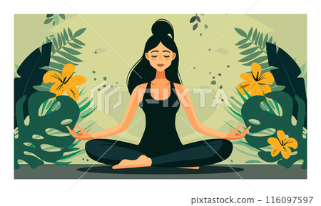 Asian ethnicity female practicing yoga meditation among green tropical leaves yellow flowers. Serene woman lotus pose focusing breath relaxation, mindfulness nature surroundings. Health wellness 116097597
