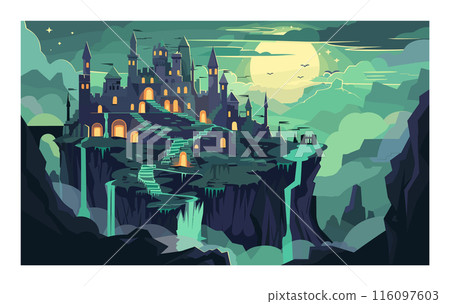 Majestic fantasy castle high atop mountain cliffs under moonlight, multiple towers glowing windows, waterfall staircases. Fantasy landscape featuring large moon, stars, drifting clouds, magical 116097603