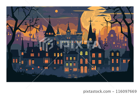 Halloween town scene full moon spooky night, haunted houses silhouettes against orange sky, bats flying, eerie atmosphere. Fantasy town landscape dark trees, creepy buildings, glowing windows 116097669