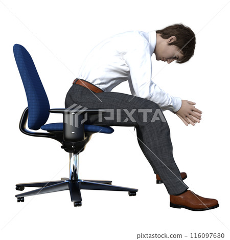 一位商人坐在椅子上,思考日本 3D 模型全身右側的插圖 一位商人坐在椅子上,思考日本 3D 模型全身右側的插圖 116097680