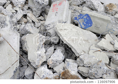 Piles of rubble after house demolition Piles of rubble after house demolition 116097906